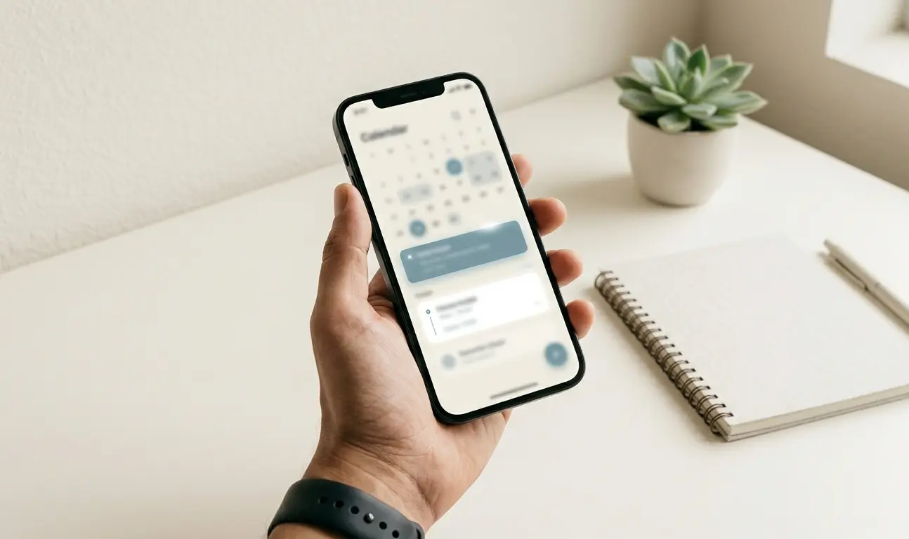 Smartphone com lembrete de agenda em ambiente de trabalho organizado.