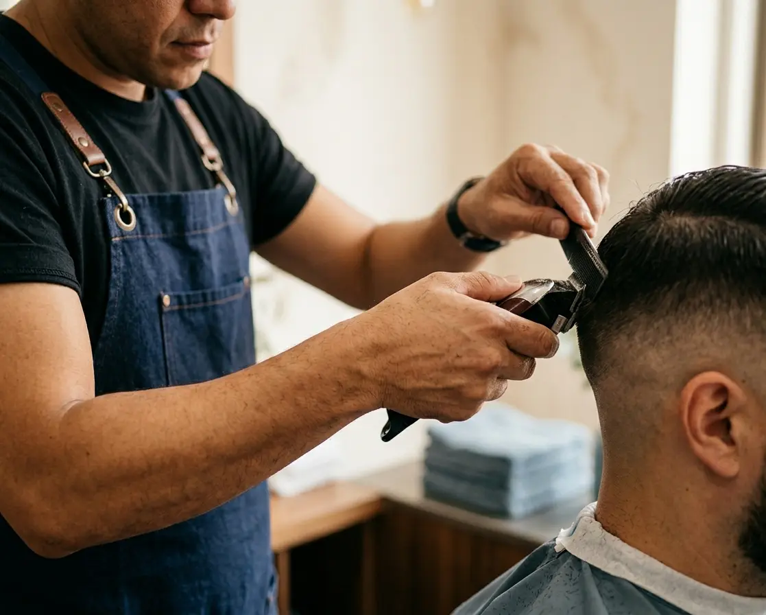 Detalhe de atendimento no salão, foco no trabalho com tesoura e pente.