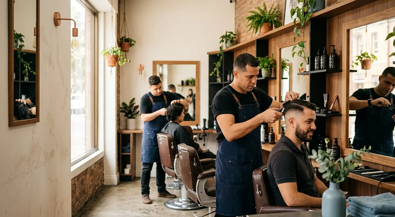 Interior de barbearia moderna, equipe atendendo clientes em ambiente acolhedor.