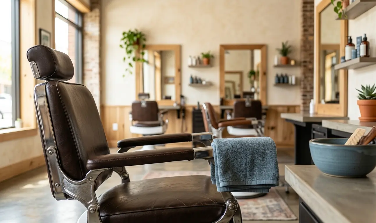 Ambiente de barbearia acolhedor, espaço para equipe e atendimento.